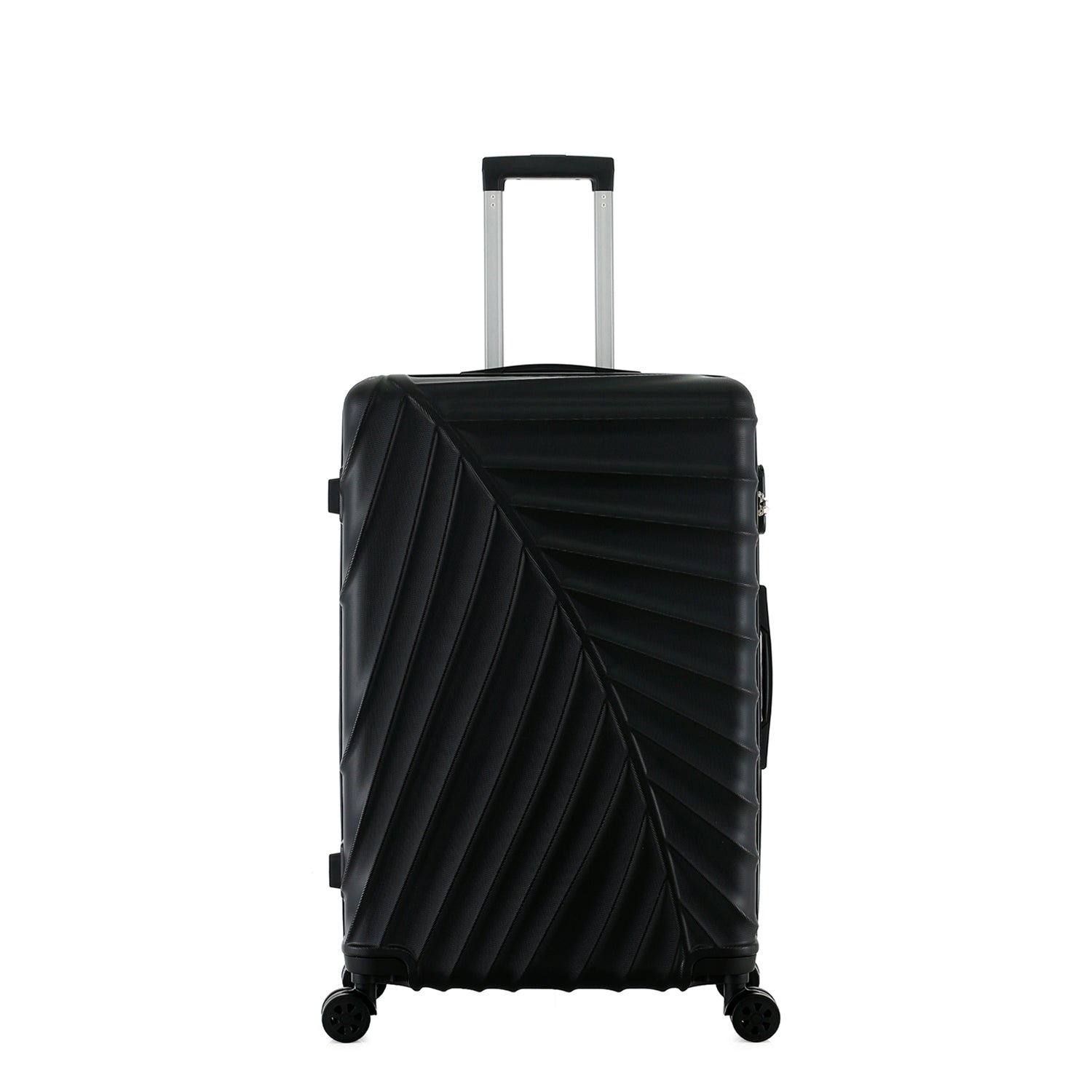 bb&b Travel Fern Suitcase Black front view with pull-up handle, spinner wheels and textured fern-inspired hard shell.