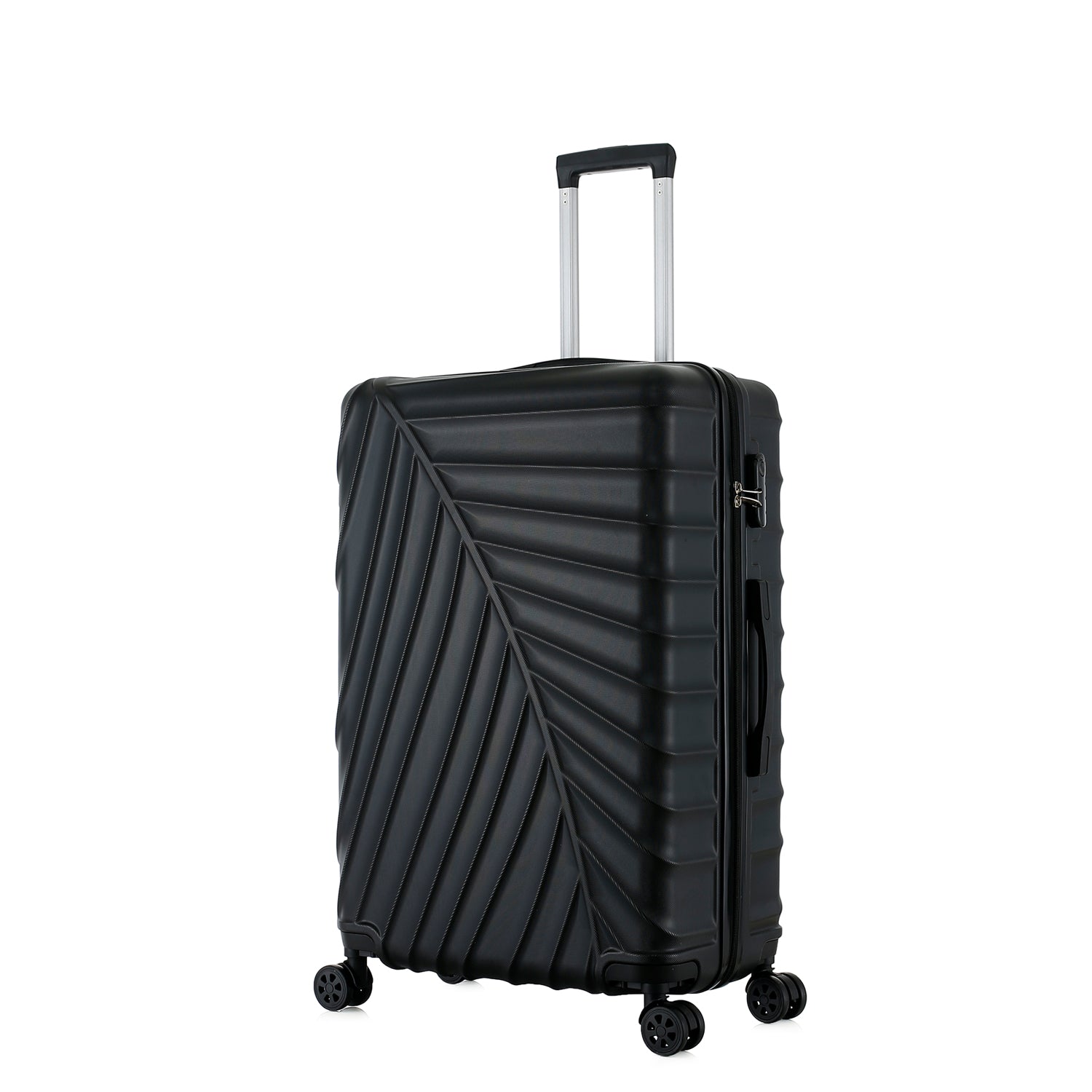 bb&b Travel Fern Suitcase Black shown on an angle with side handle, zip closure and textured hard-shell design.