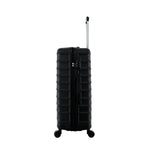bb&b Travel Fern Suitcase Black side view showing the combination lock, side handle, pull-up handle and spinner wheels.