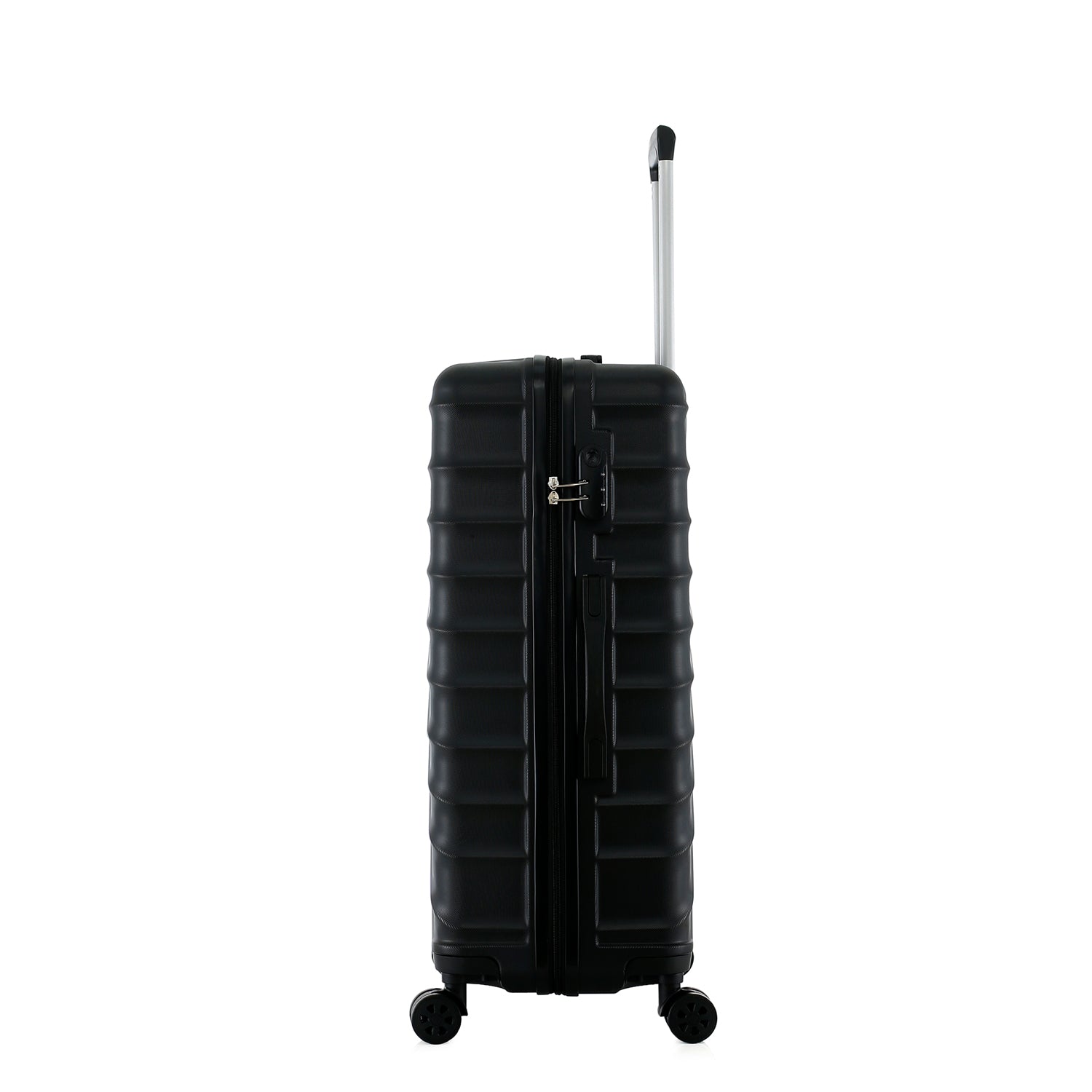 bb&b Travel Fern Suitcase Black side view showing the combination lock, side handle, pull-up handle and spinner wheels.