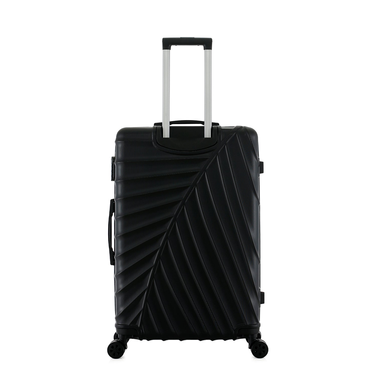 bb&b Travel Fern Suitcase Black rear view with pull-up handle, spinner wheels and textured hard-shell design.