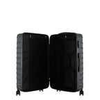 bb&b Travel Fern Suitcase Black shown open with black lined interior, zip compartment and securing straps.