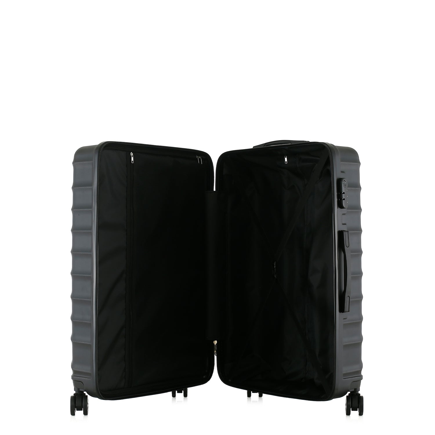 bb&b Travel Fern Suitcase Black shown open with black lined interior, zip compartment and securing straps.
