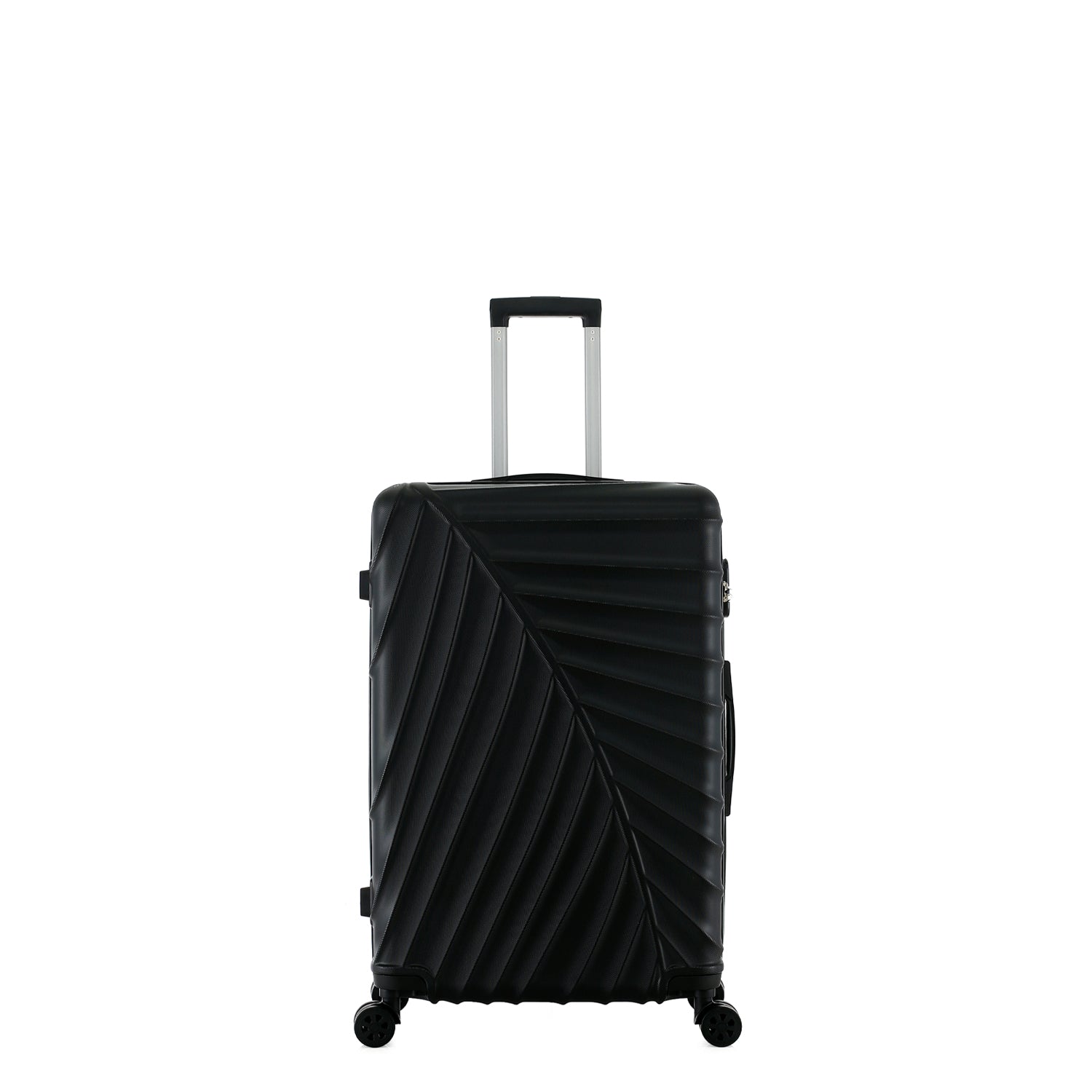 bb&b Travel Fern Suitcase Black front view with pull-up handle, spinner wheels and textured fern-inspired hard shell.