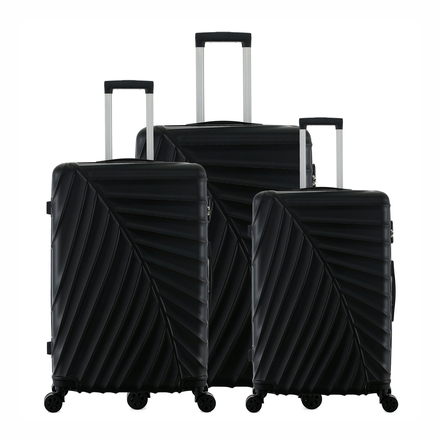bb&b Travel Fern Suitcase Black range shown together in small, medium and large sizes with pull-up handles.