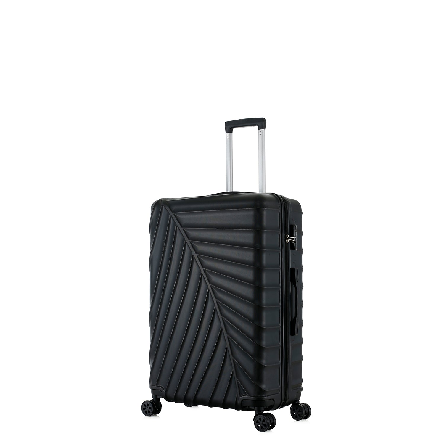 bb&b Travel Fern Suitcase Black shown on an angle with side handle, zip closure and textured hard-shell design.