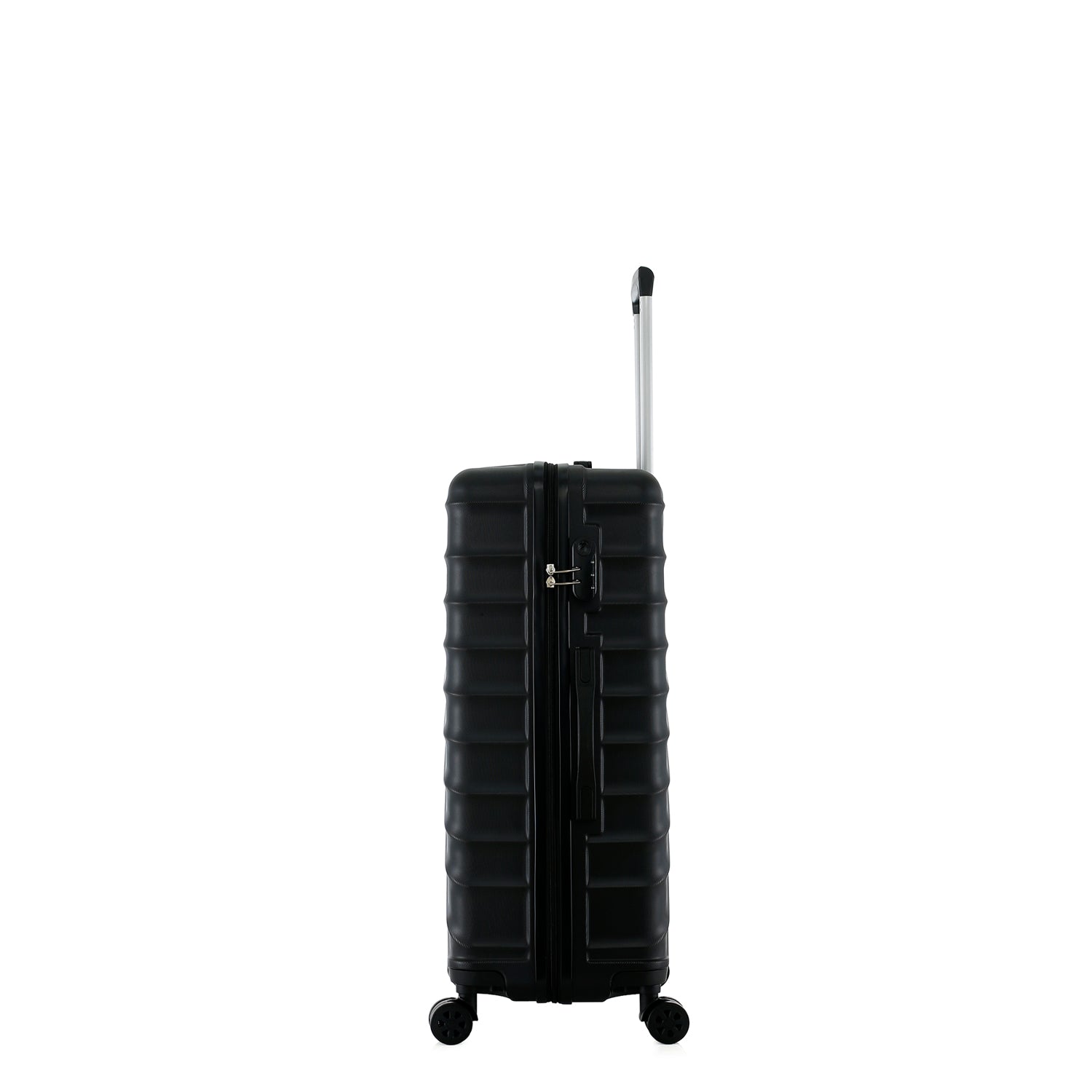 bb&b Travel Fern Suitcase Black side view showing the combination lock, side handle, pull-up handle and spinner wheels.