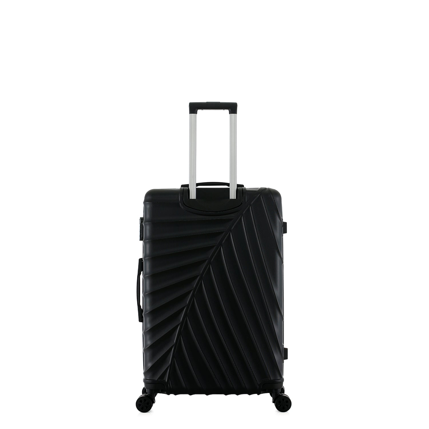 bb&b Travel Fern Suitcase Black rear view with pull-up handle, spinner wheels and textured hard-shell design.