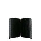bb&b Travel Fern Suitcase Black shown open with black lined interior, zip compartment and securing straps.