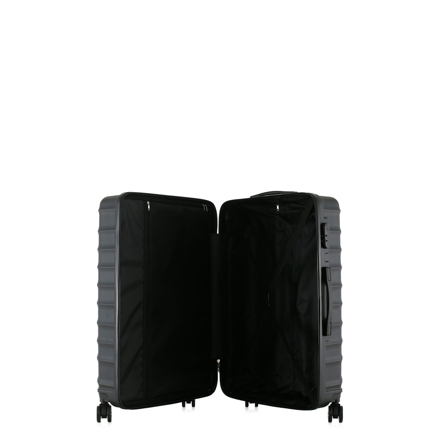 bb&b Travel Fern Suitcase Black shown open with black lined interior, zip compartment and securing straps.