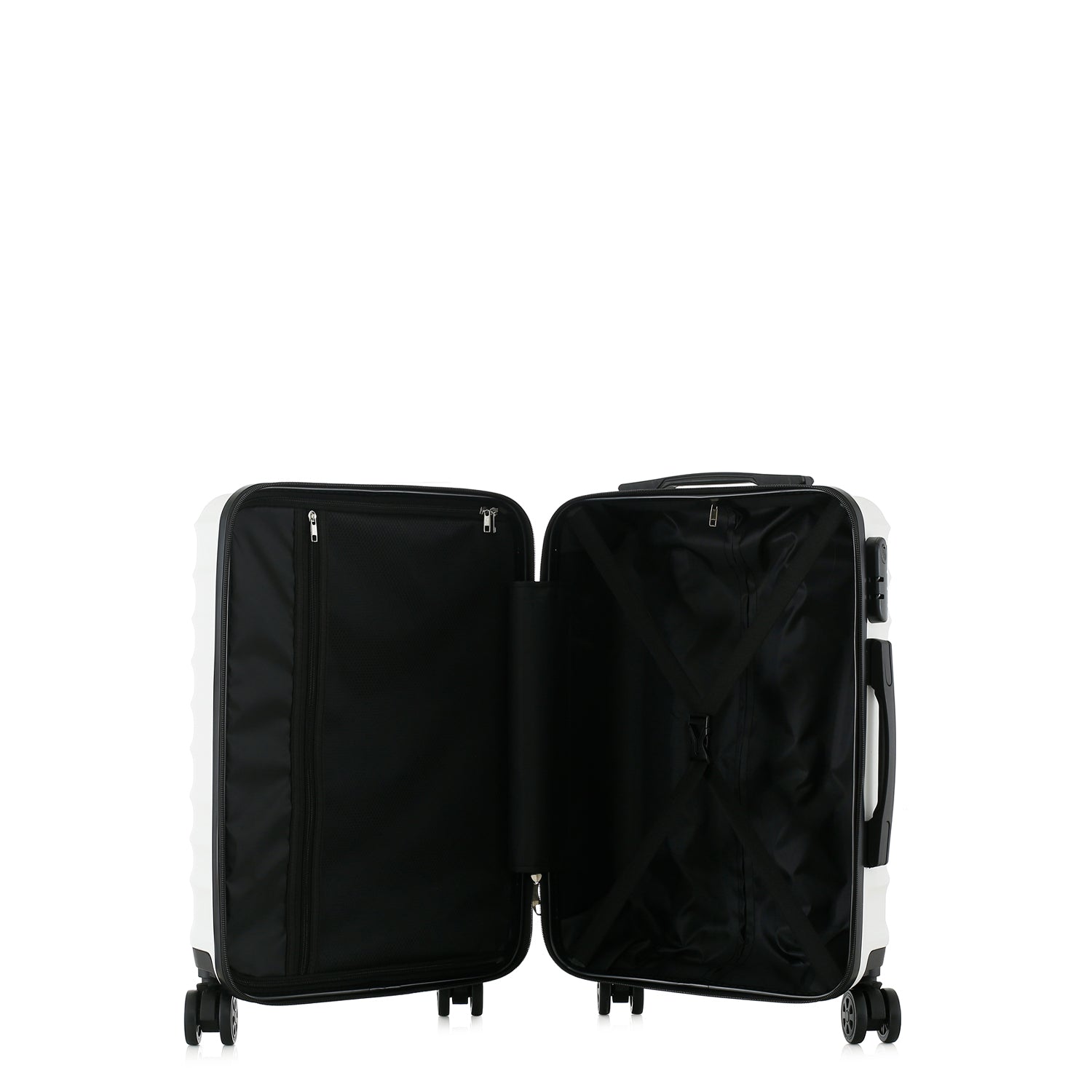 bb&b Travel Fern Suitcase Coconut Milk shown open with black lined interior, zip compartment and securing straps.