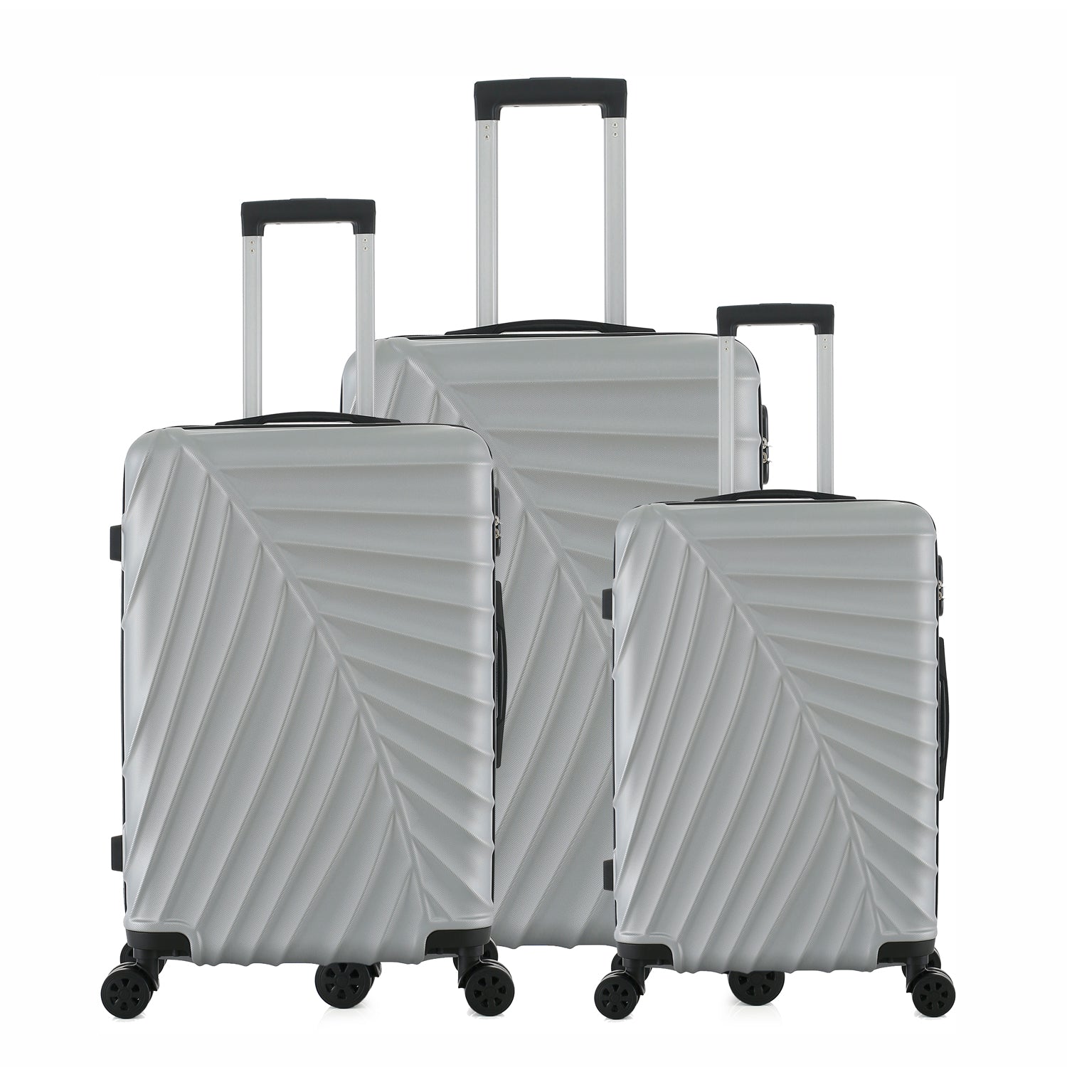 bb&b Travel Fern Suitcase Silver range shown together in small, medium and large sizes with pull-up handles.