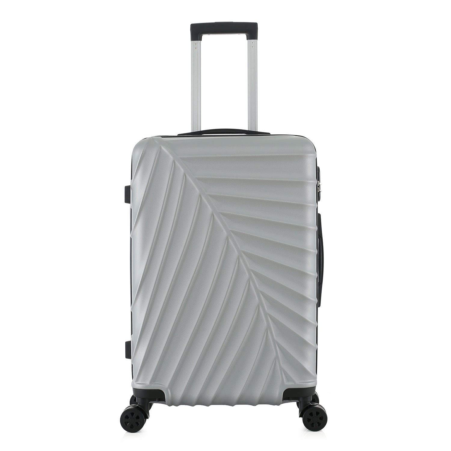 bb&b Travel Fern Suitcase Silver front view with pull-up handle, spinner wheels and textured fern-inspired hard shell.