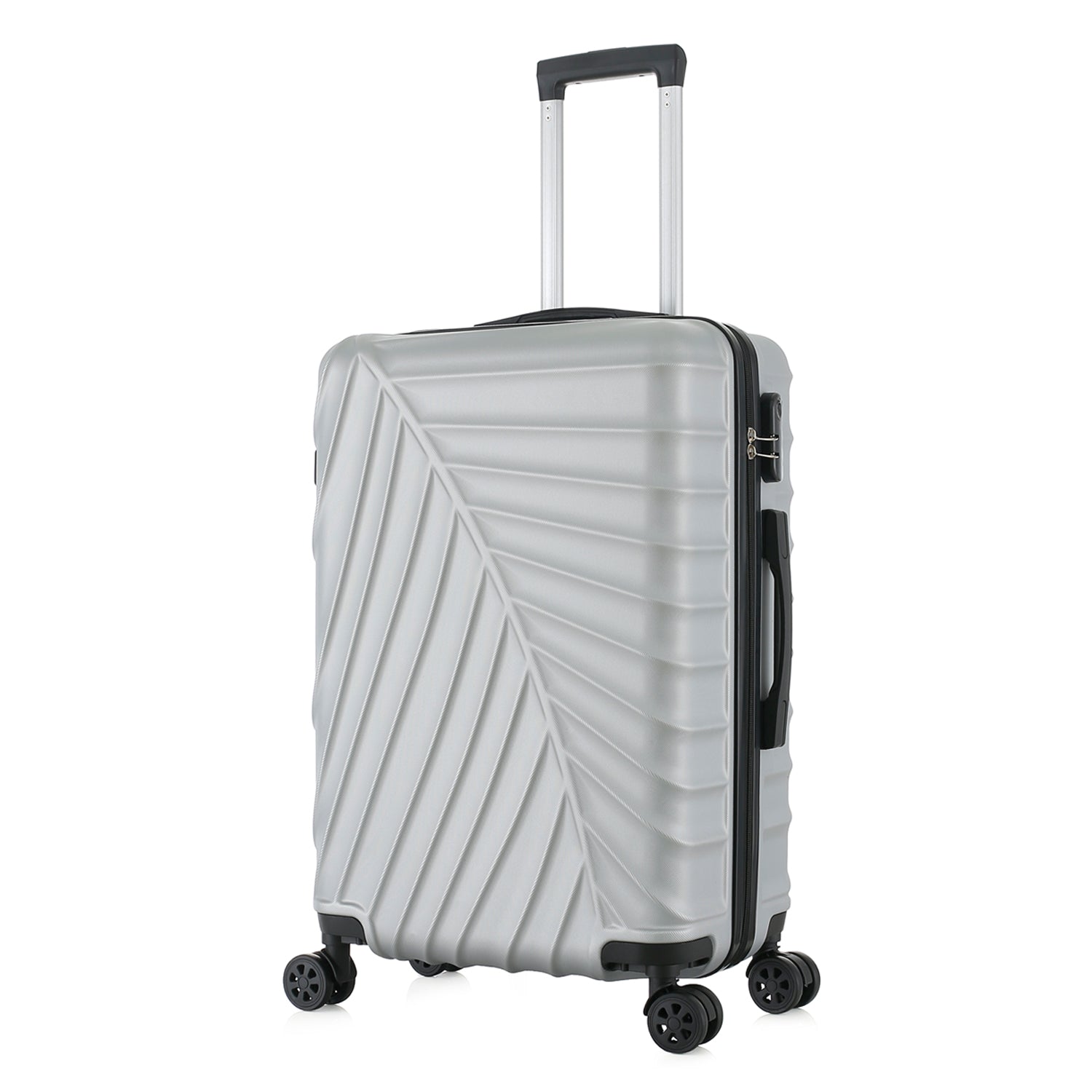 bb&b Travel Fern Suitcase Silver shown on an angle with side handle, zip closure and textured hard-shell design.
