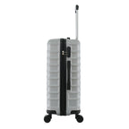 bb&b Travel Fern Suitcase Silver side view showing the combination lock, side handle, pull-up handle and spinner wheels.