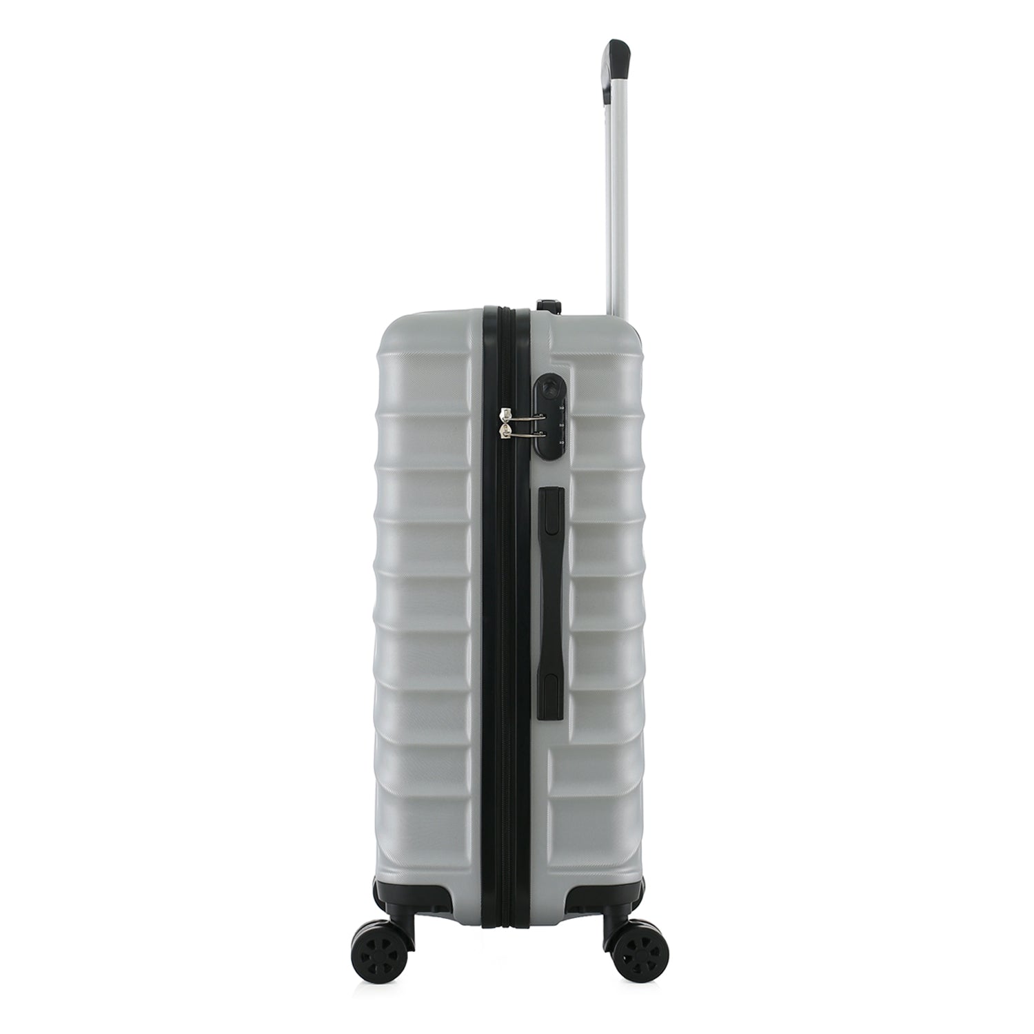 bb&b Travel Fern Suitcase Silver side view showing the combination lock, side handle, pull-up handle and spinner wheels.
