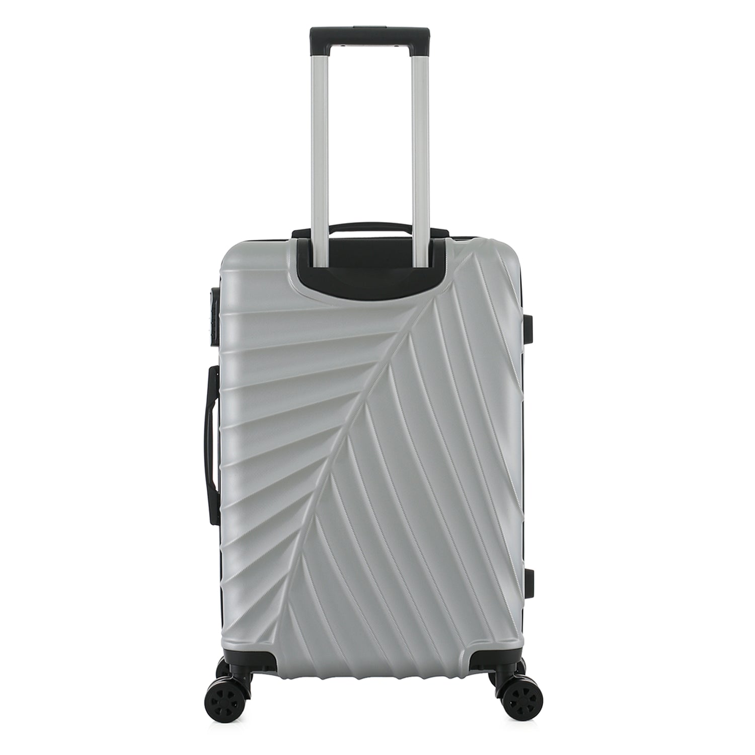 bb&b Travel Fern Suitcase Silver rear view with pull-up handle, spinner wheels and textured hard-shell design.