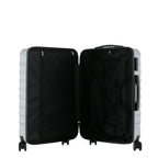 bb&b Travel Fern Suitcase Silver shown open with black lined interior, zip compartment and securing straps.