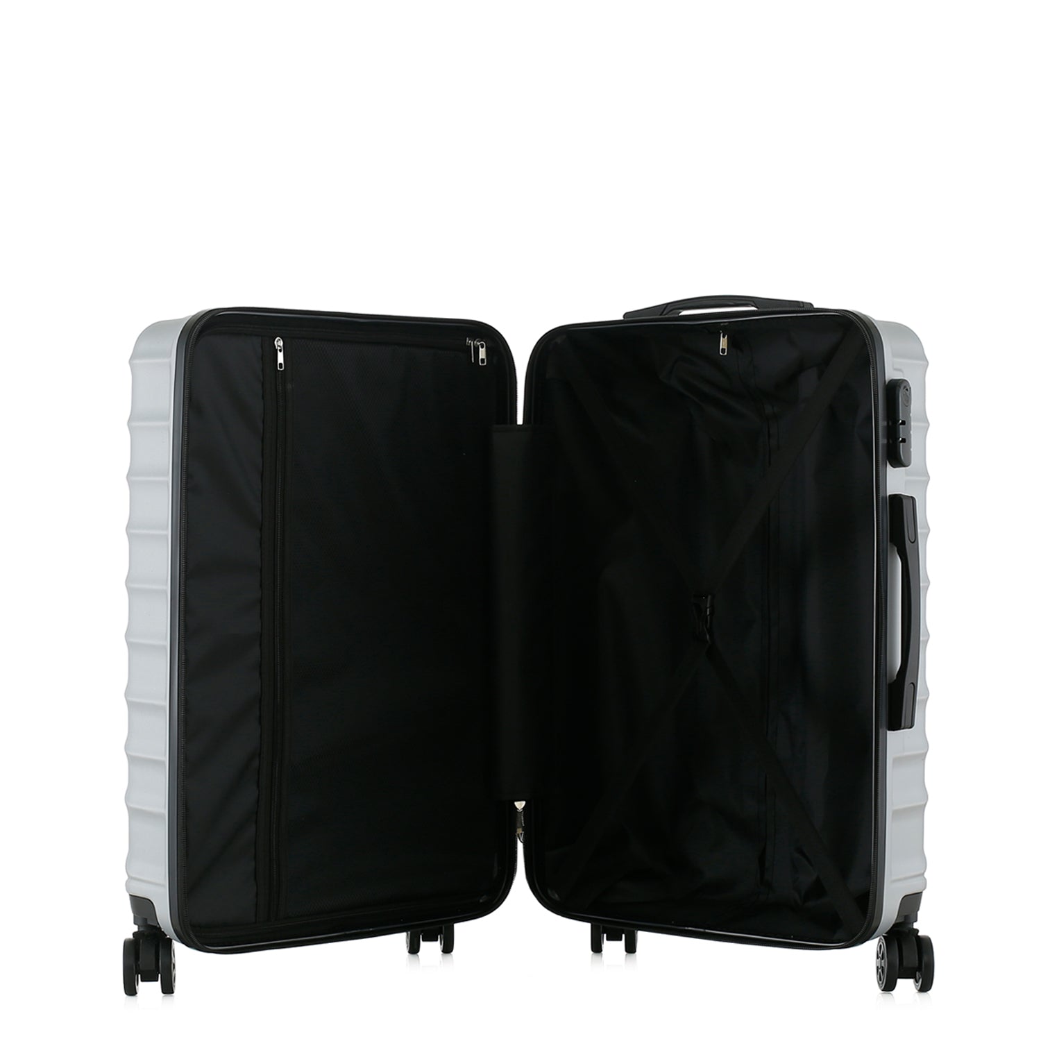 bb&b Travel Fern Suitcase Silver shown open with black lined interior, zip compartment and securing straps.