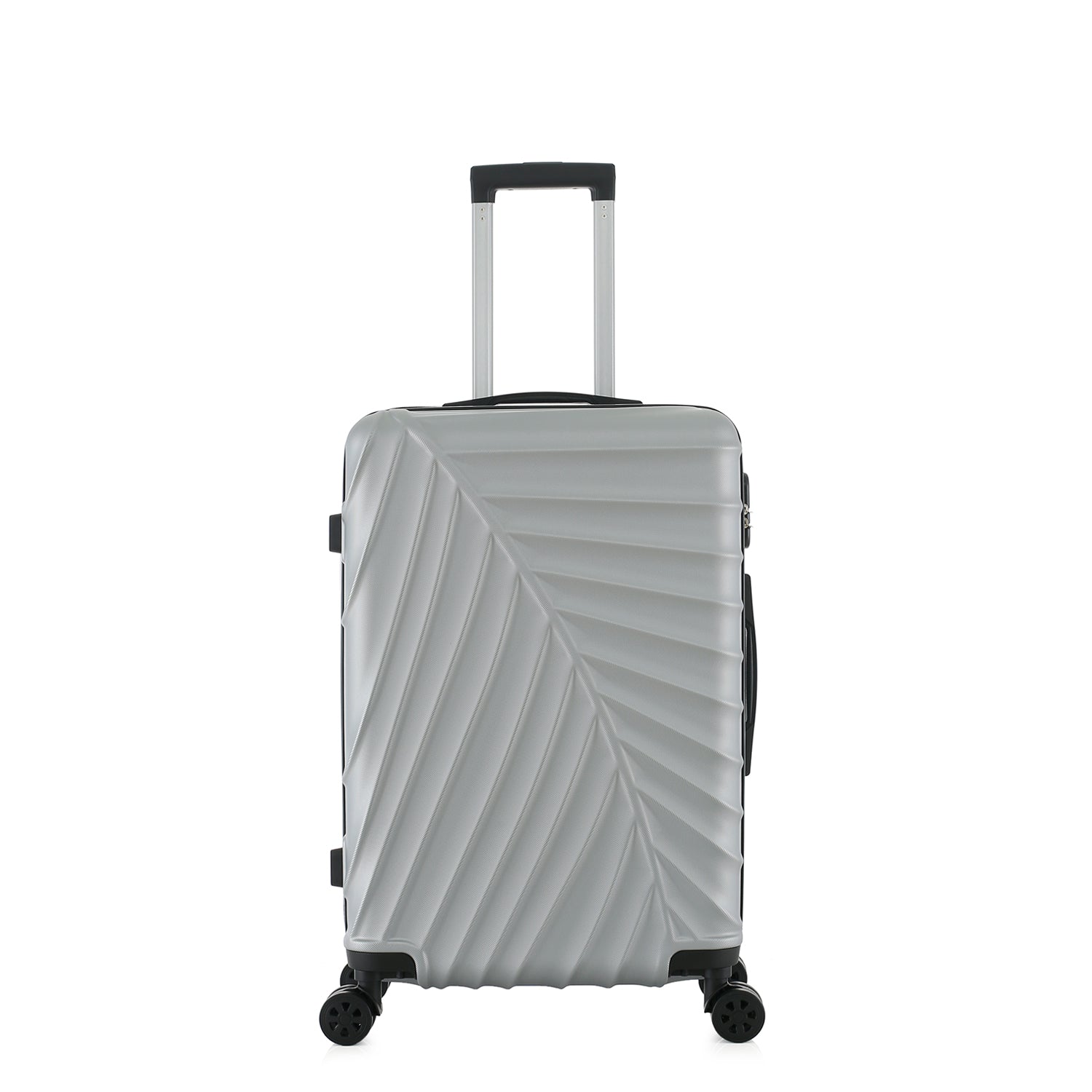 bb&b Travel Fern Suitcase Silver front view with pull-up handle, spinner wheels and textured fern-inspired hard shell.