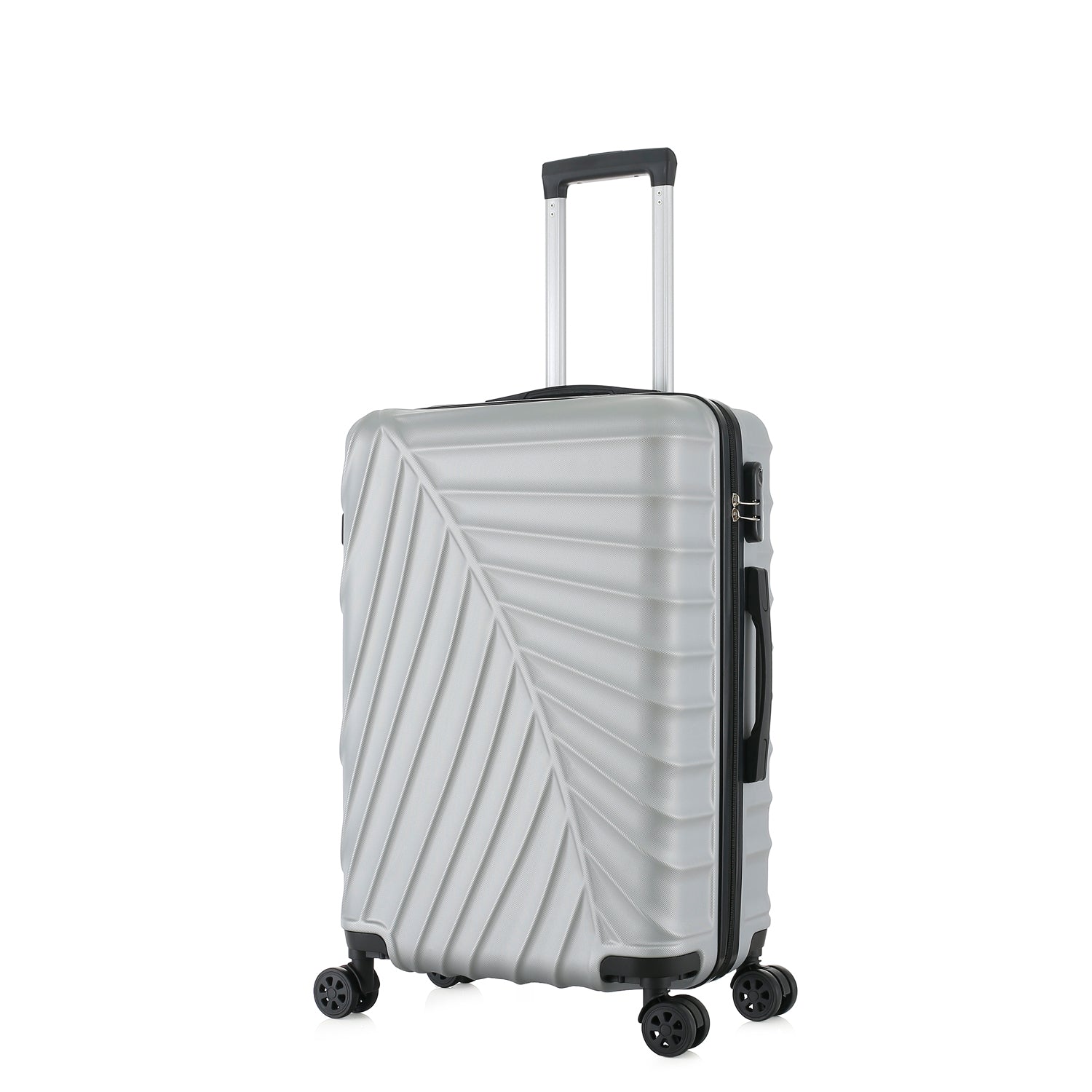 bb&b Travel Fern Suitcase Silver shown on an angle with side handle, zip closure and textured hard-shell design.