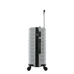 bb&b Travel Fern Suitcase Silver side view showing the combination lock, side handle, pull-up handle and spinner wheels.