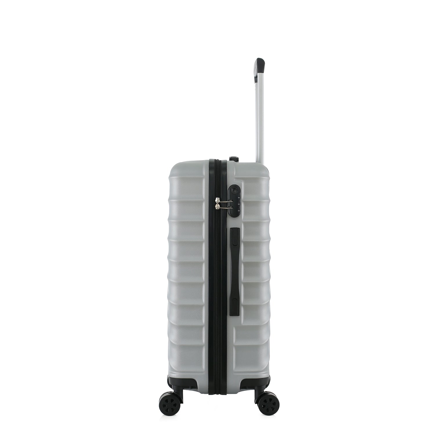 bb&b Travel Fern Suitcase Silver side view showing the combination lock, side handle, pull-up handle and spinner wheels.