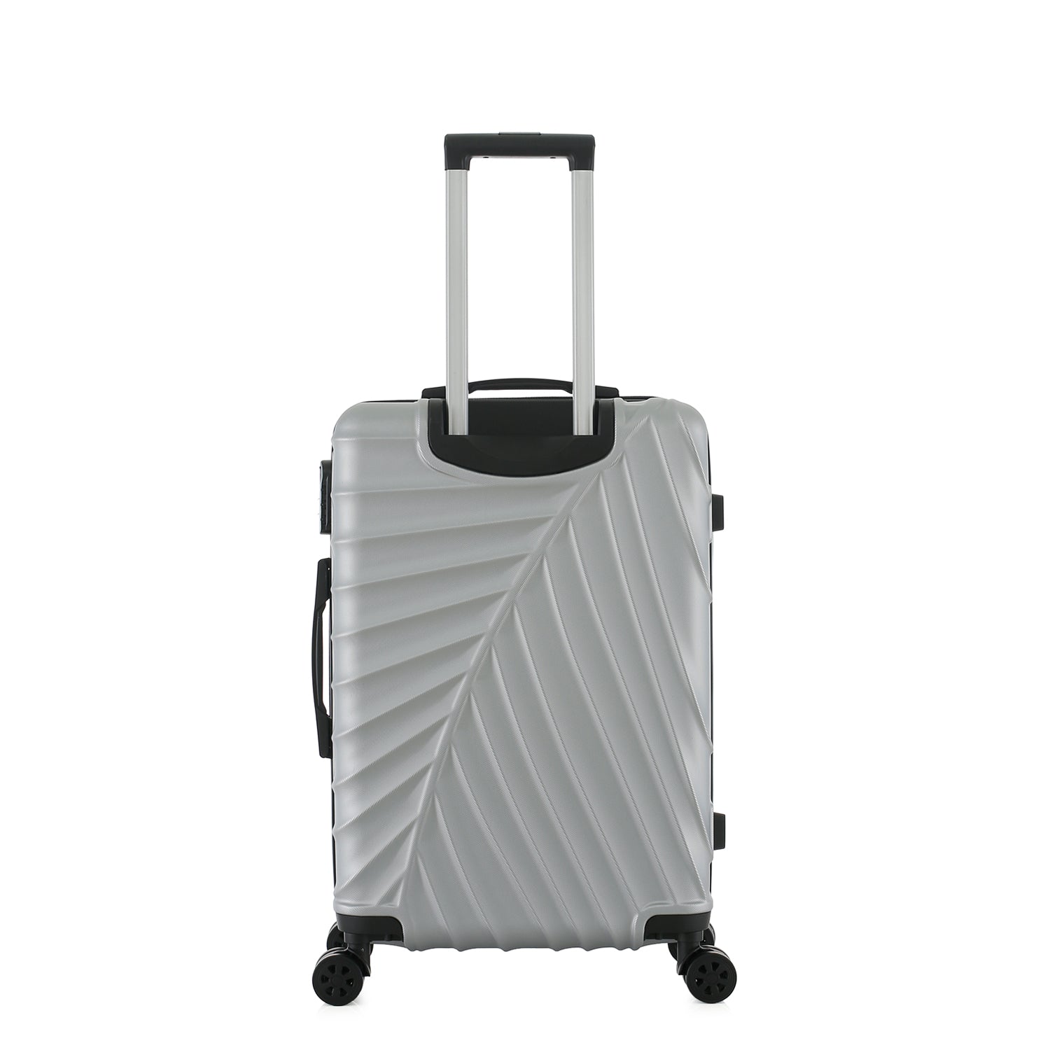 bb&b Travel Fern Suitcase Silver rear view with pull-up handle, spinner wheels and textured hard-shell design.