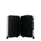 bb&b Travel Fern Suitcase Silver shown open with black lined interior, zip compartment and securing straps.