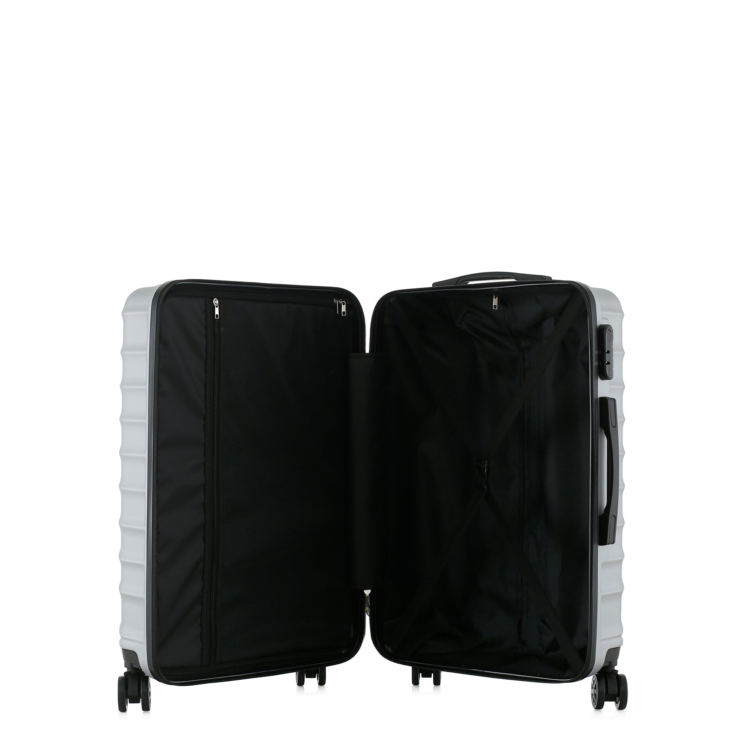 bb&b Travel Fern Suitcase Silver shown open with black lined interior, zip compartment and securing straps.