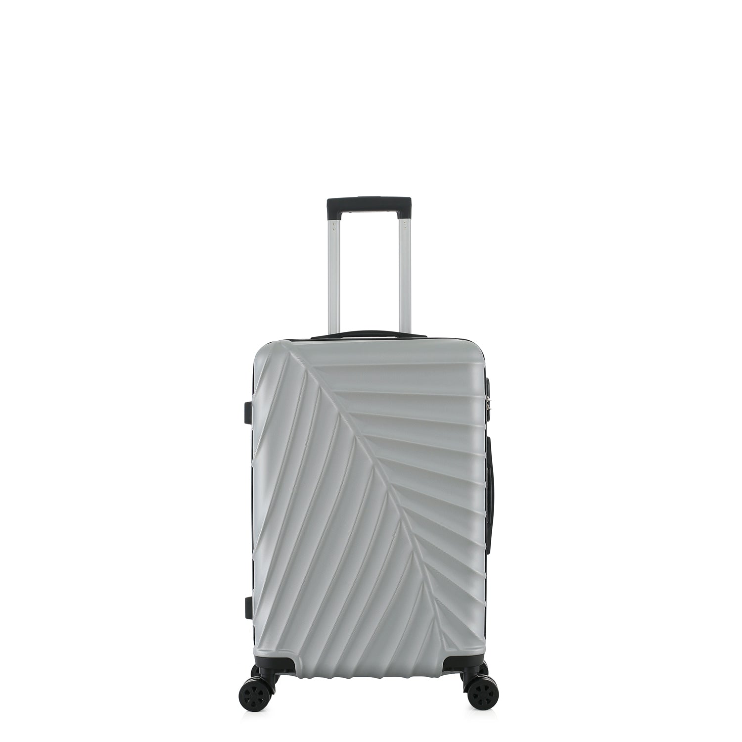 bb&b Travel Fern Suitcase Silver front view with pull-up handle, spinner wheels and textured fern-inspired hard shell.