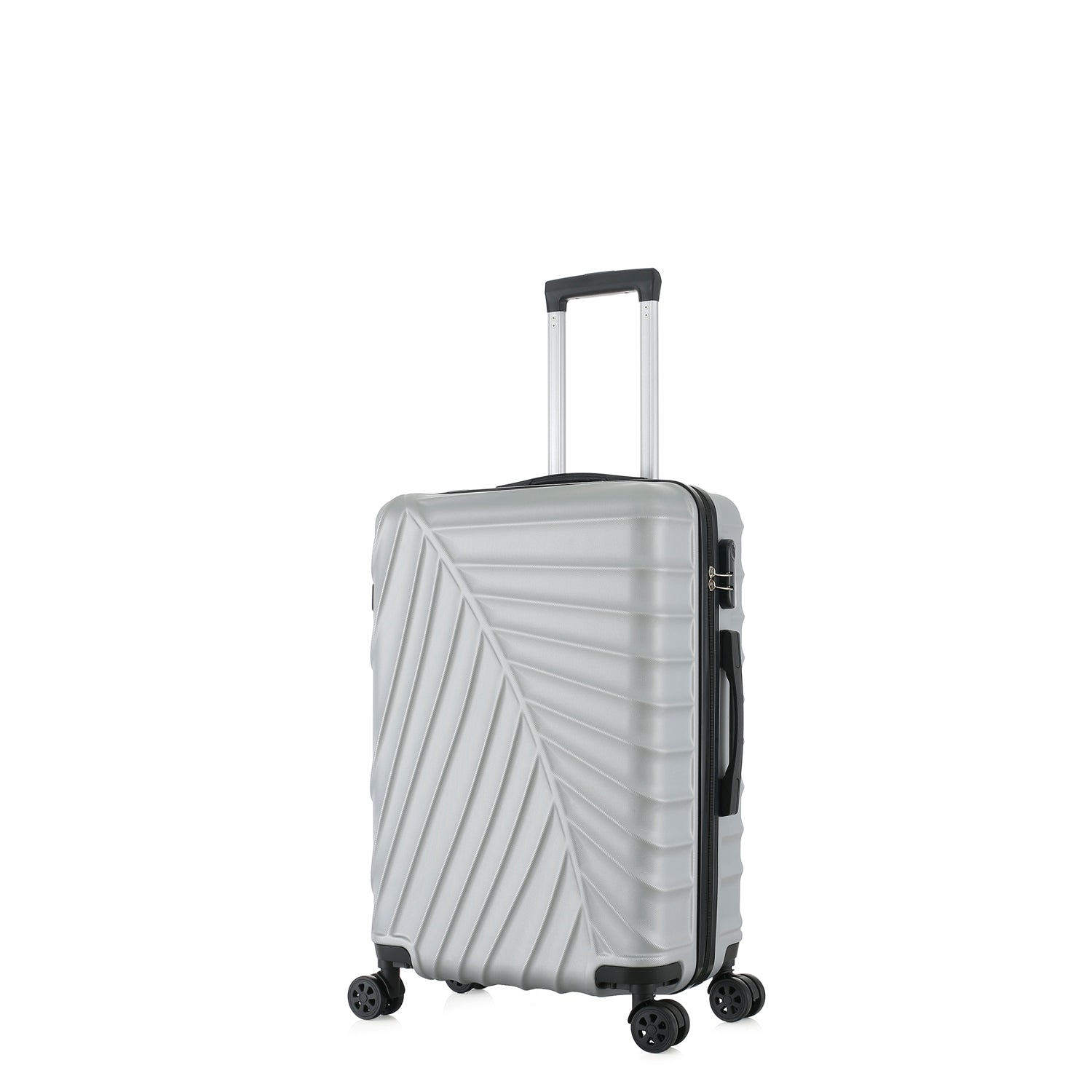 bb&b Travel Fern Suitcase Silver shown on an angle with side handle, zip closure and textured hard-shell design.