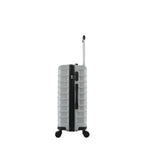 bb&b Travel Fern Suitcase Silver side view showing the combination lock, side handle, pull-up handle and spinner wheels.