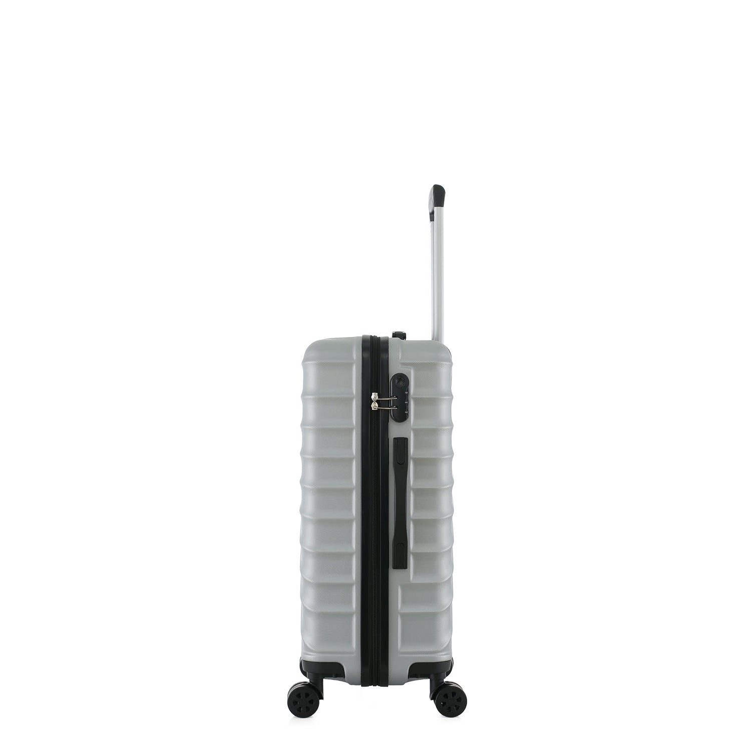 bb&b Travel Fern Suitcase Silver side view showing the combination lock, side handle, pull-up handle and spinner wheels.