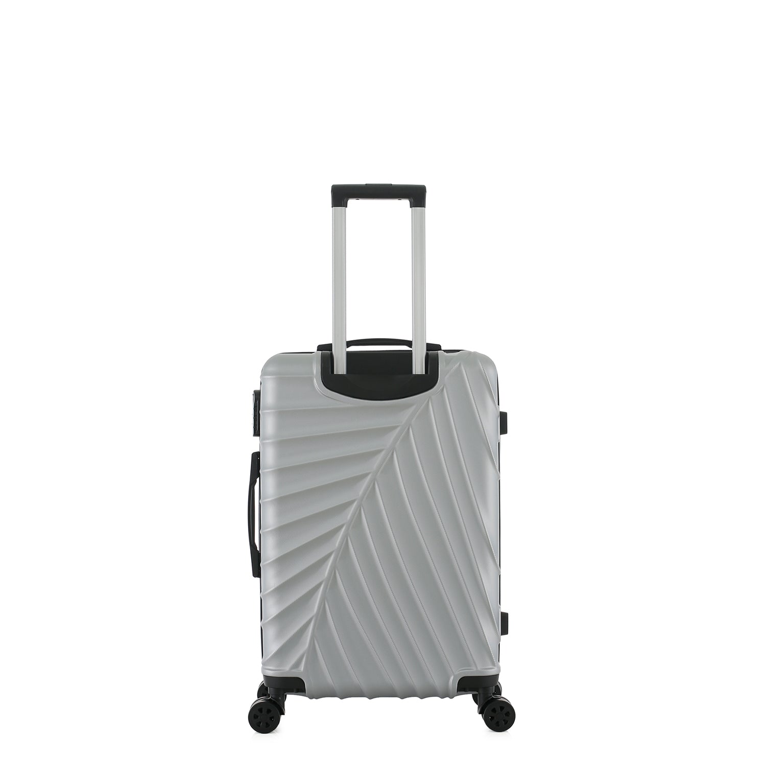 bb&b Travel Fern Suitcase Silver rear view with pull-up handle, spinner wheels and textured hard-shell design.