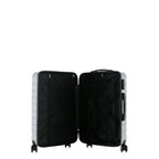 bb&b Travel Fern Suitcase Silver shown open with black lined interior, zip compartment and securing straps.