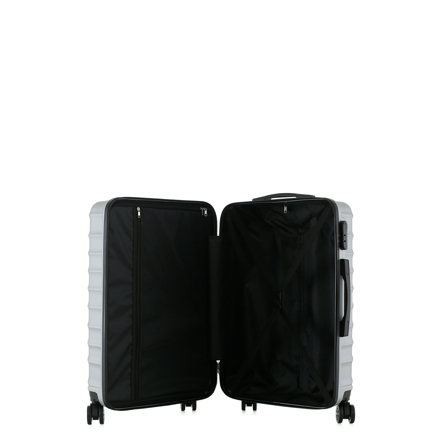 bb&b Travel Fern Suitcase Silver shown open with black lined interior, zip compartment and securing straps.