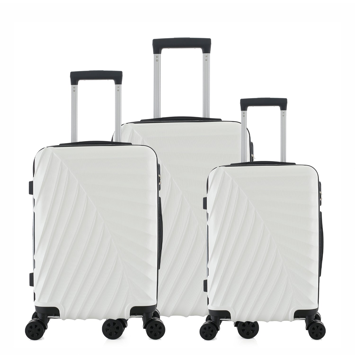 bb&b Travel Fern Suitcase Coconut Milk range shown together in small, medium and large sizes with pull-up handles.