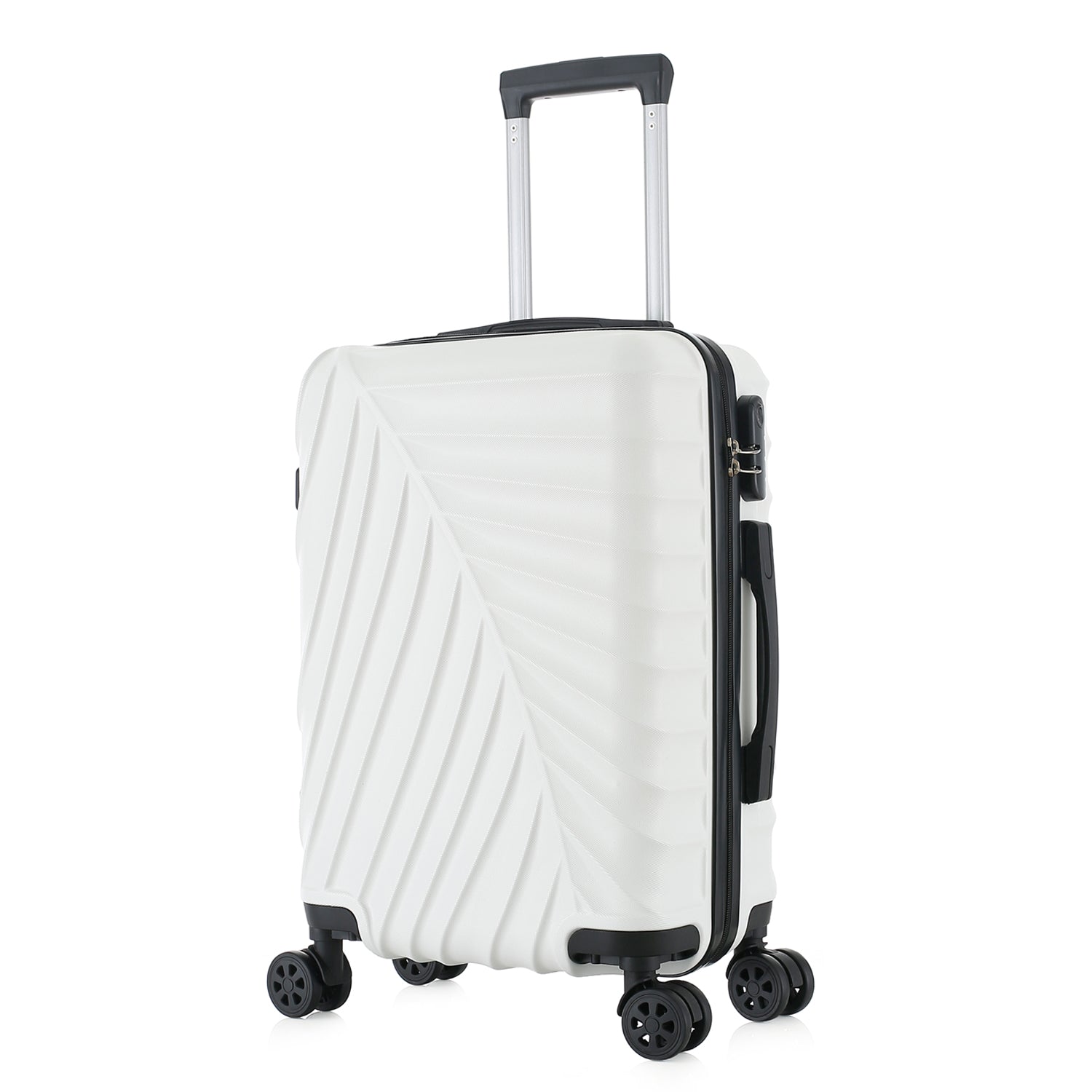 bb&b Travel Fern Suitcase Coconut Milk shown on an angle with side handle, zip closure and textured hard-shell design.