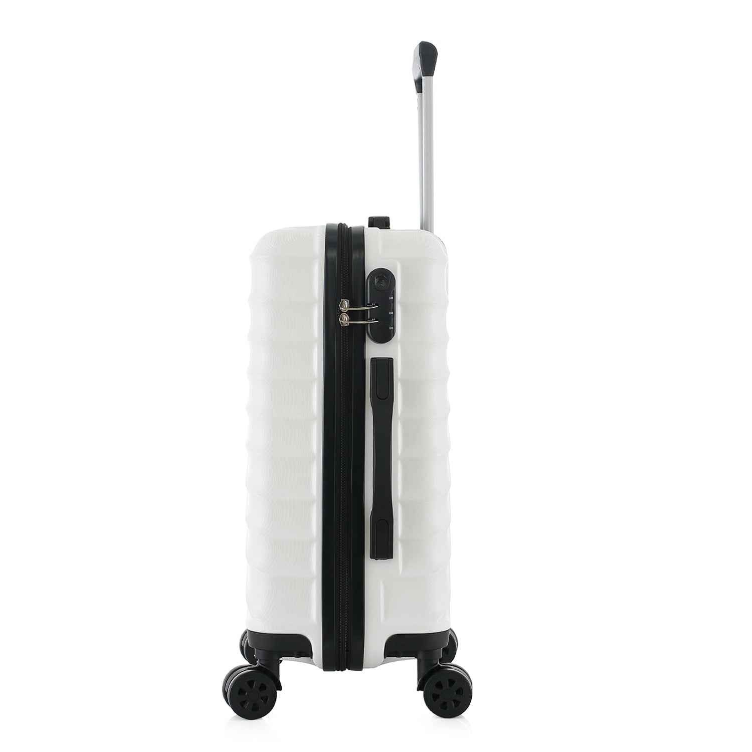 bb&b Travel Fern Suitcase Coconut Milk side view showing the combination lock, side handle, pull-up handle and spinner wheels.