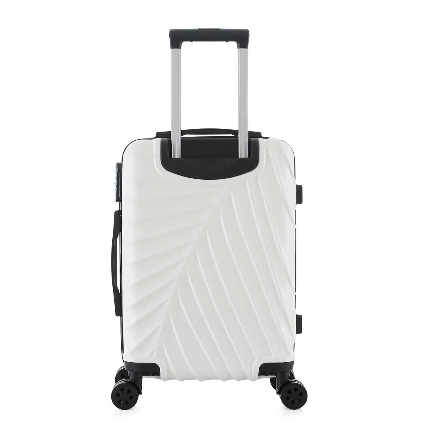 bb&b Travel Fern Suitcase Coconut Milk rear view with pull-up handle, spinner wheels and textured hard-shell design.
