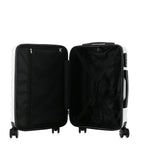 bb&b Travel Fern Suitcase Coconut Milk shown open with black lined interior, zip compartment and securing straps.