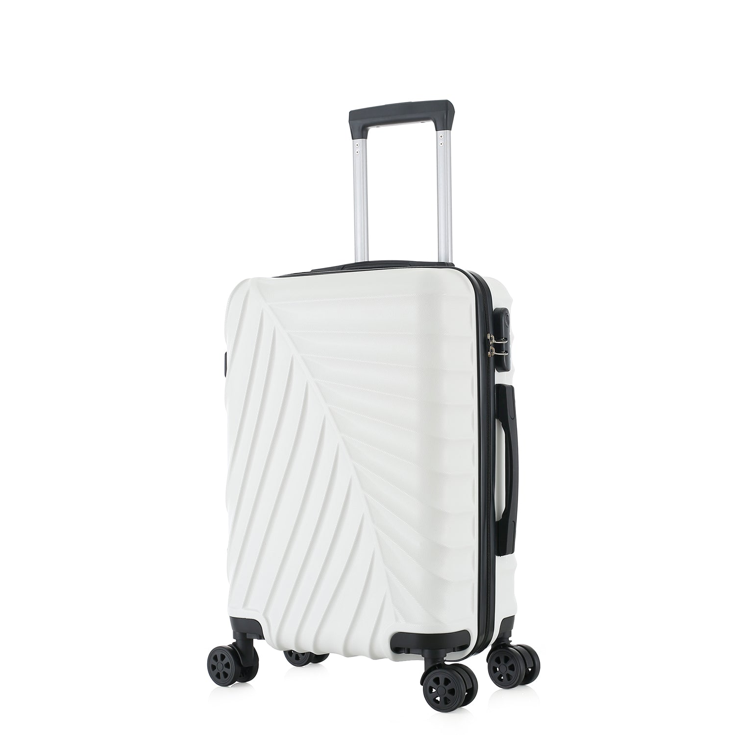 bb&b Travel Fern Suitcase Coconut Milk shown on an angle with side handle, zip closure and textured hard-shell design.