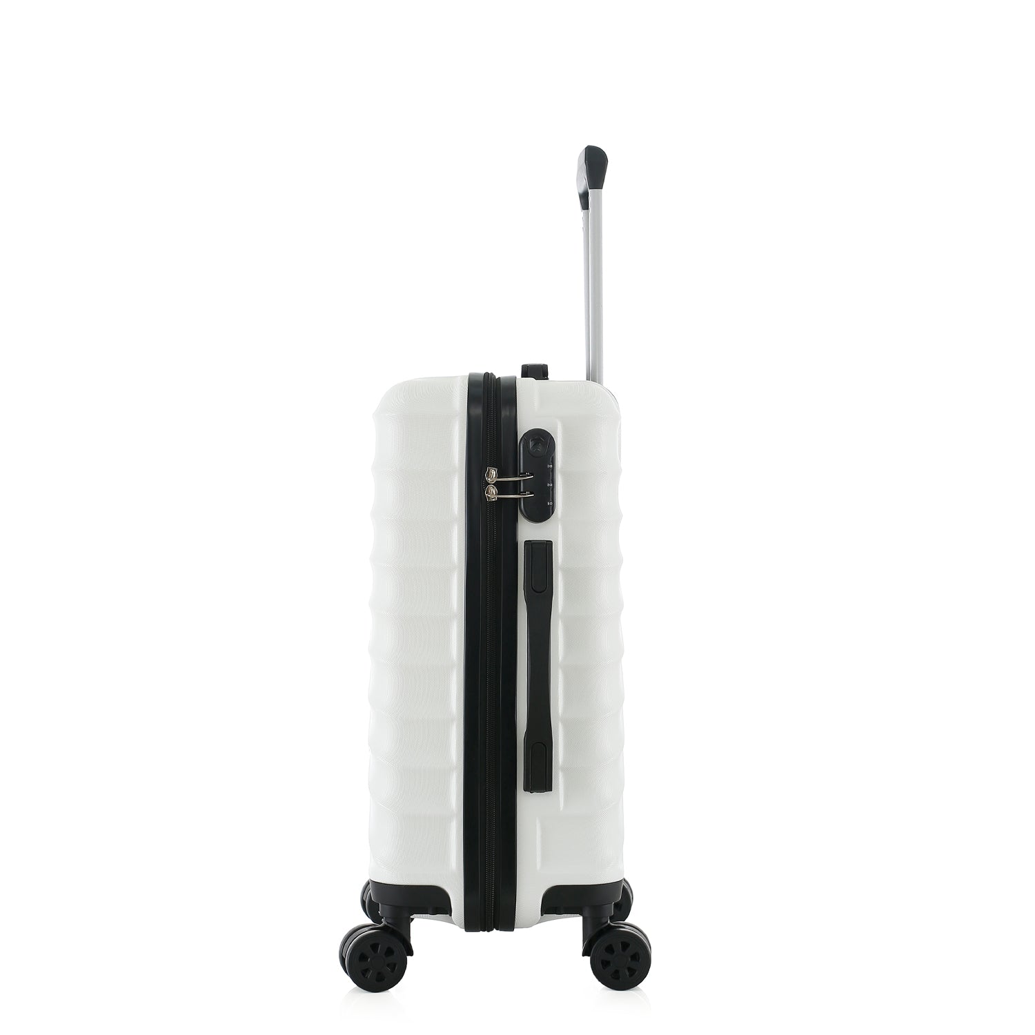bb&b Travel Fern Suitcase Coconut Milk side view showing the combination lock, side handle, pull-up handle and spinner wheels.