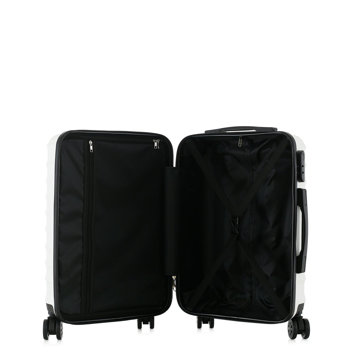 bb&b Travel Fern Suitcase Coconut Milk shown open with black lined interior, zip compartment and securing straps.