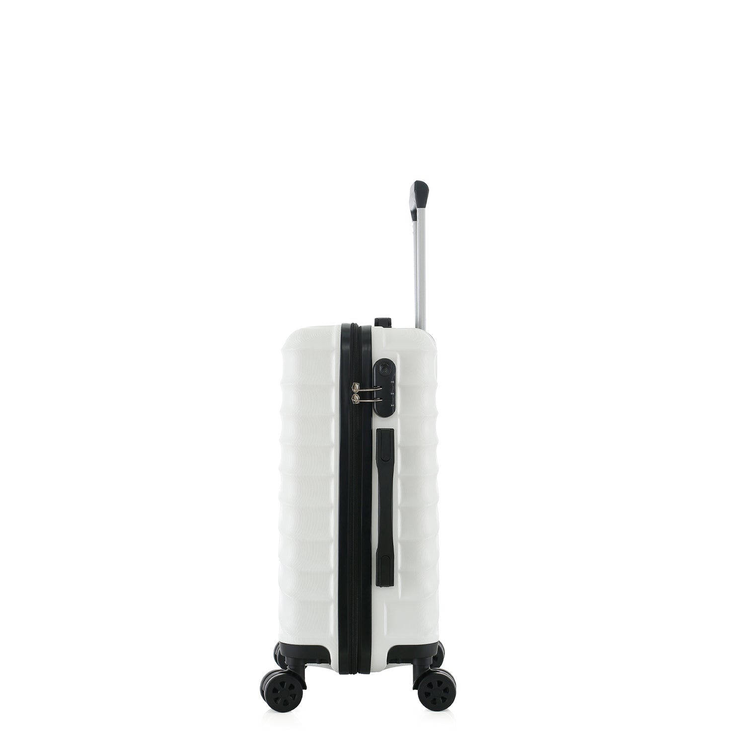 bb&b Travel Fern Suitcase Coconut Milk side view showing the combination lock, side handle, pull-up handle and spinner wheels.