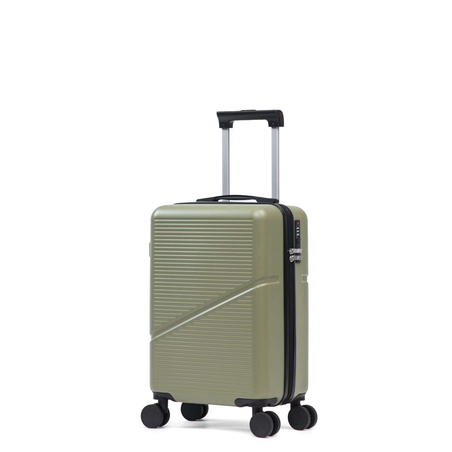 Small Sage green hard shell suitcase with wheels and extendable handle on a white background.
