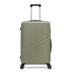 Sage green hard shell suitcase with wheels and extendable handle on a white background.