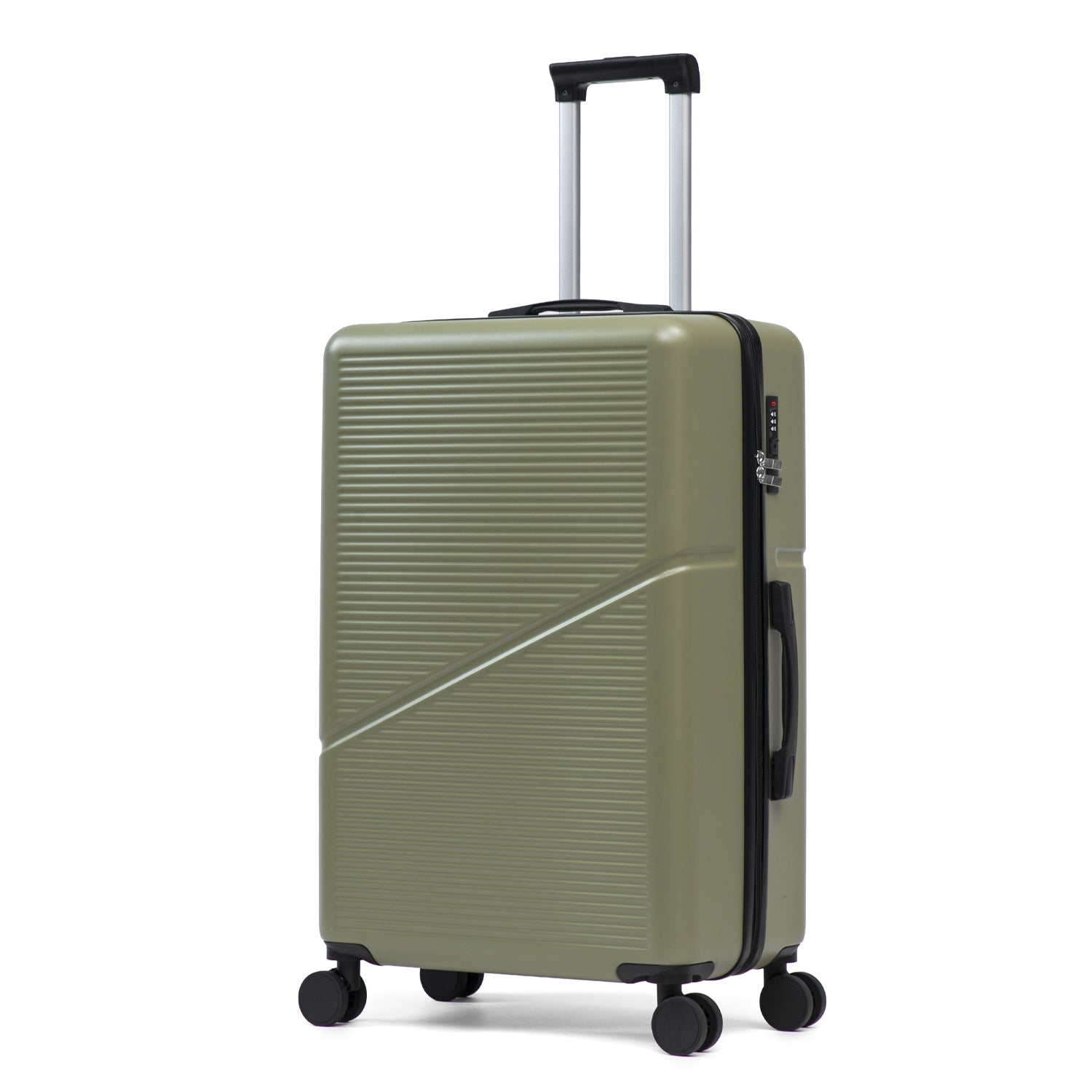 Sage green hard shell suitcase with wheels and extendable handle on a white background.