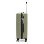 Sage green hard shell suitcase with wheels and extendable handle on a white background.